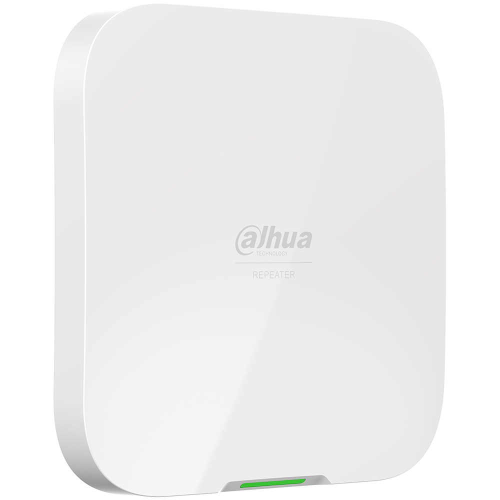 Dahua Funk-Repeater im weißen Gehäuse mit grüner Status-LED zur Reichweitenverlängerung von Funk-Alarmsystemen