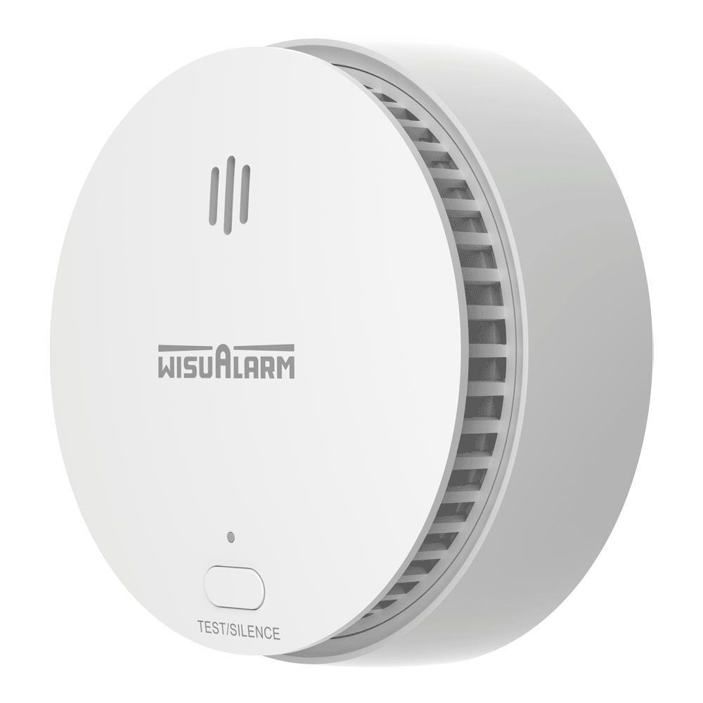 Dahua Standalone-Rauchmelder, diagonal links, rundes weißes Gehäuse mit WisuAlarm-Logo und Test/Silence-Taste