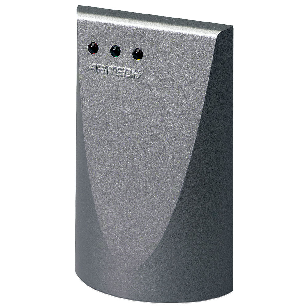 Prox-Leser Legic, Aufputzmontage, IP64, graues Gehäuse mit zwei Status-LEDs, Frontansicht