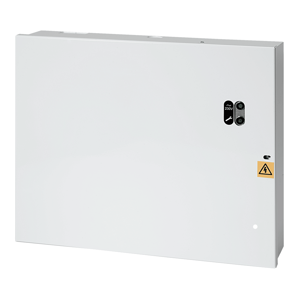 Frontansicht eines weißen Netzteils 24 V / 1 A im Metallgehäuse mit Statusanzeige