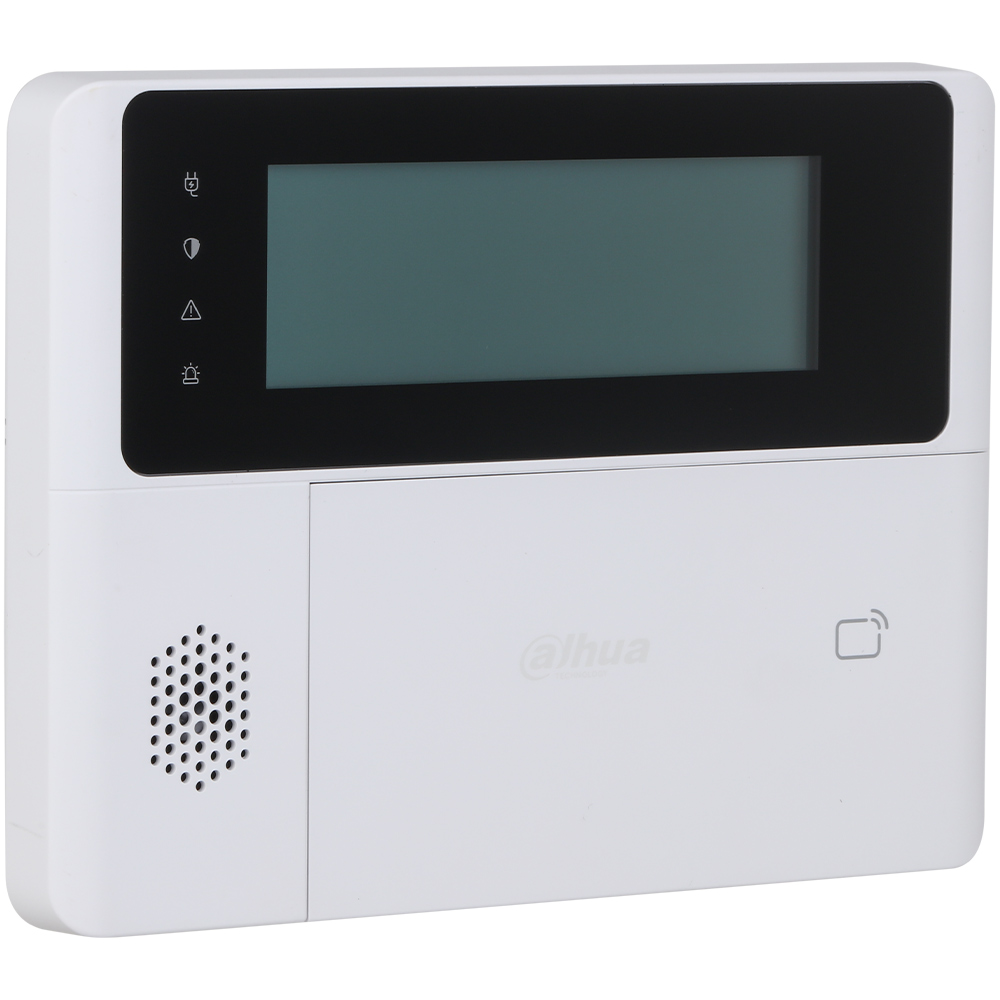 Dahua Funk-Bedienteil in Weiß mit LCD-Display, Frontansicht zur Steuerung und Statusanzeige von Alarmanlagen