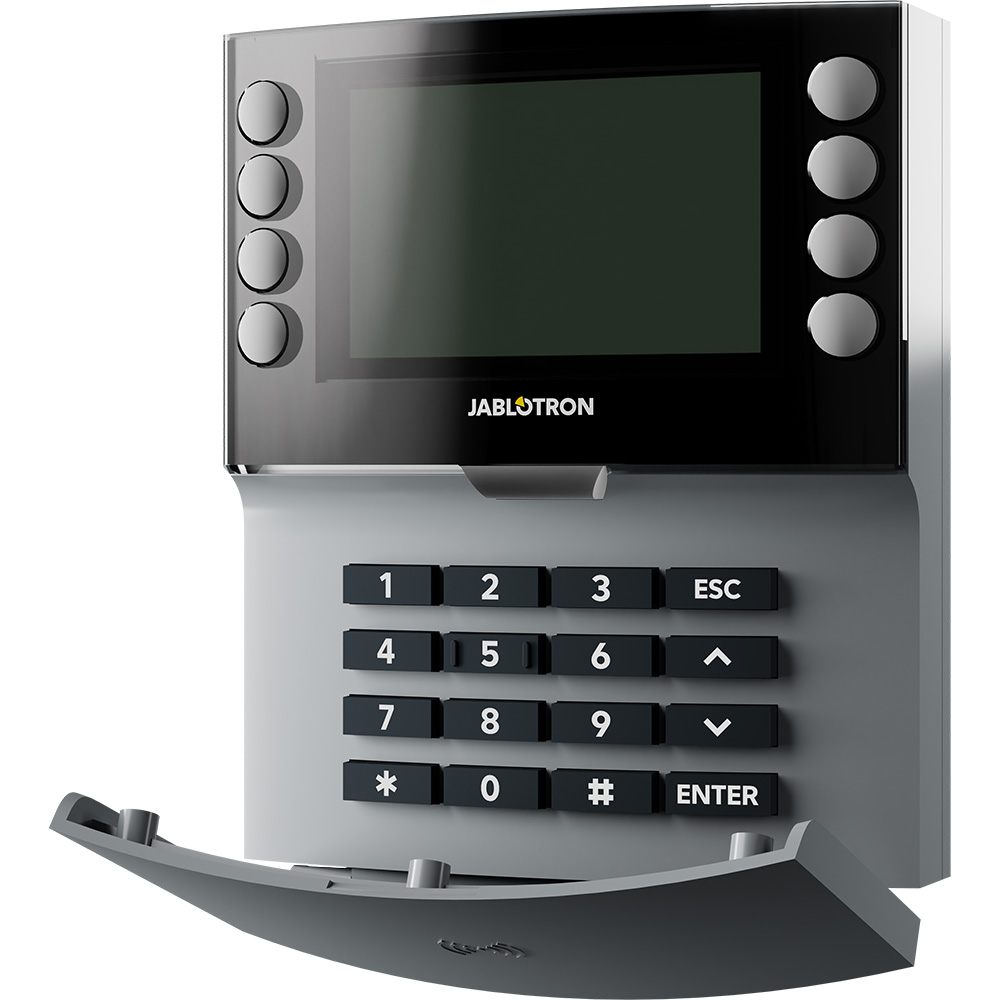 Jablotron BUS-Bedienteil mit Bildschirm, Tastatur und Funktionstasten, grau, geöffnet