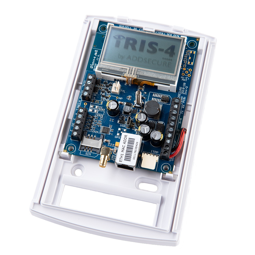 AddSecure IRIS-4 GSM-GPRS-IP-Wählgerät mit offener Elektronik im Gehäuse zur Alarmübertragung über Mobilfunk und IP