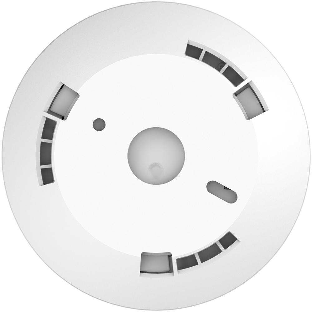 Standalone Hitzemelder, weiß, für Deckenmontage, Rückseite mit Befestigungslöchern, Lüftungsschlitzen und Sabotageöffnung (WisuAlarm)