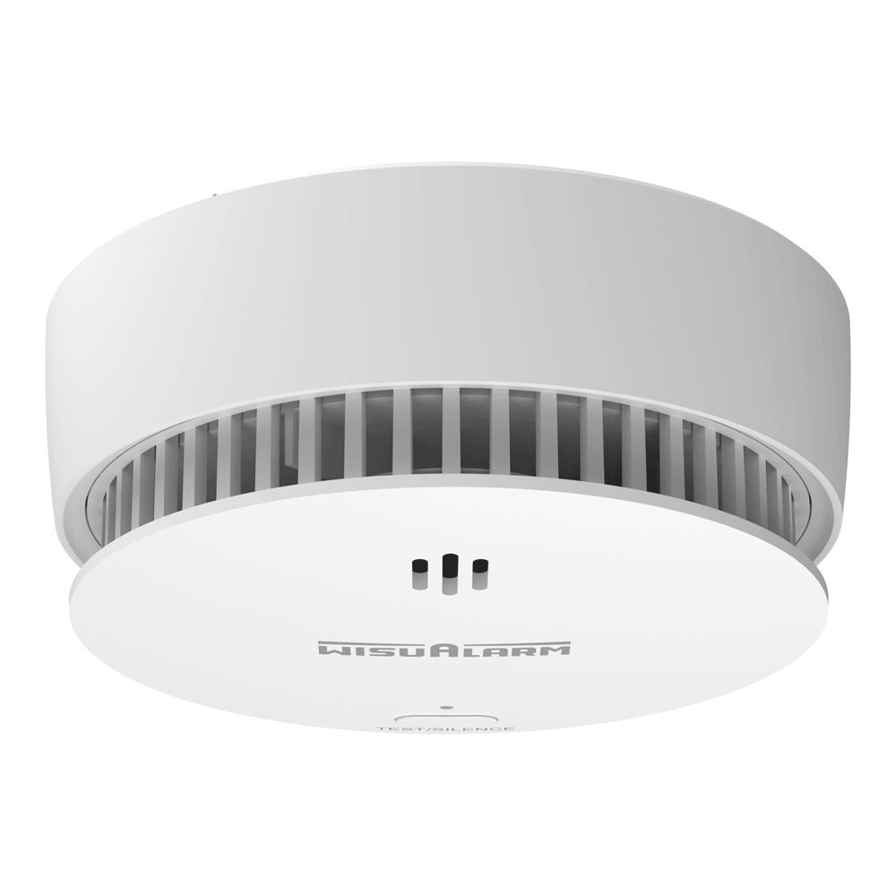 Dahua Standalone-Rauchmelder, Decken-ansicht, rundes weißes Gehäuse mit WisuAlarm-Logo und Test/Silence-Taste