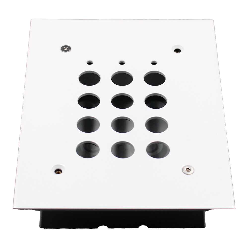 Unterputzmontageplatte aus Metall, weiß lackiert, mit runden Öffnungen und Schraubbohrungen, Frontansicht