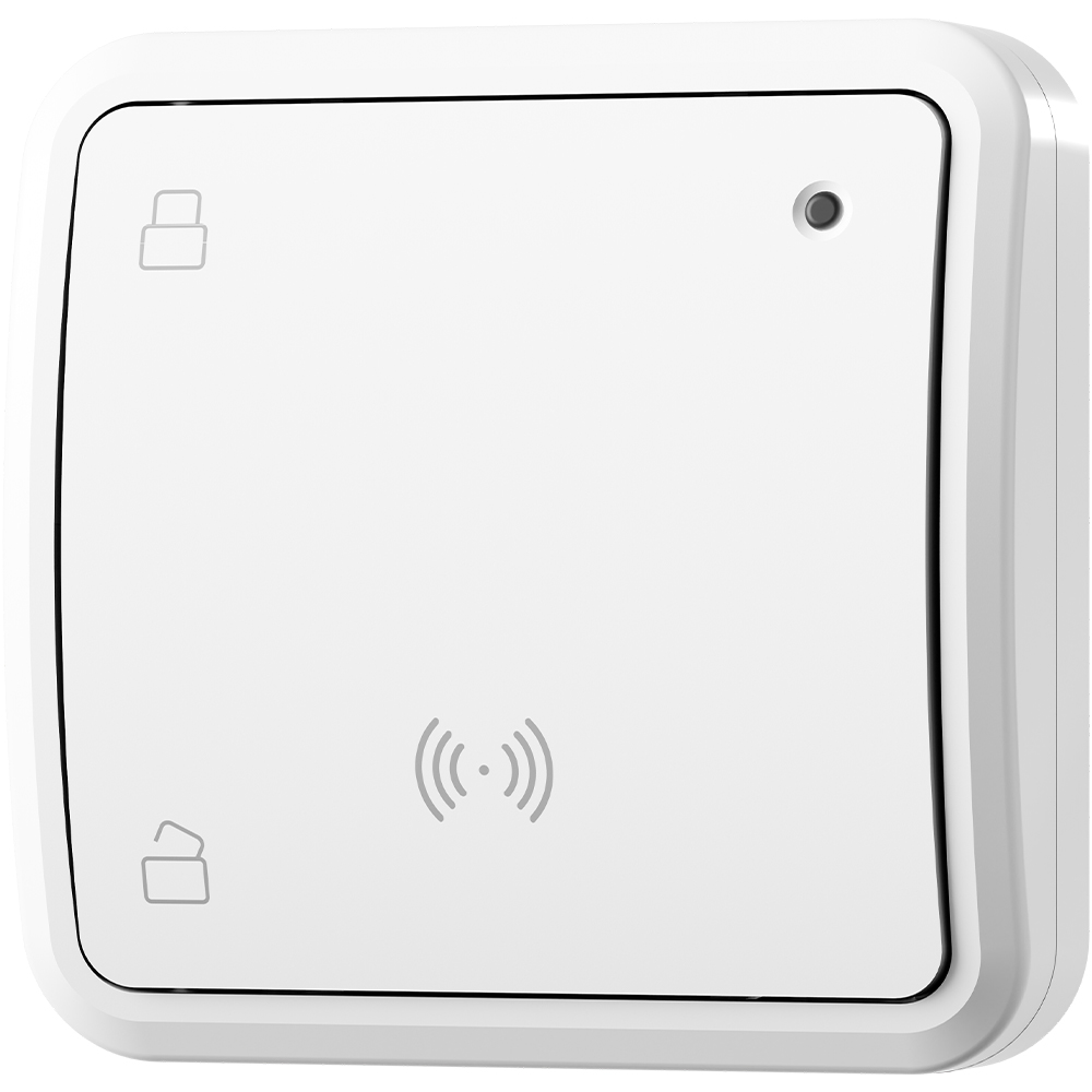 Funk-MIFARE-Leser 13,56 MHz, weiß, quadratisches Gehäuse, schräge Frontansicht