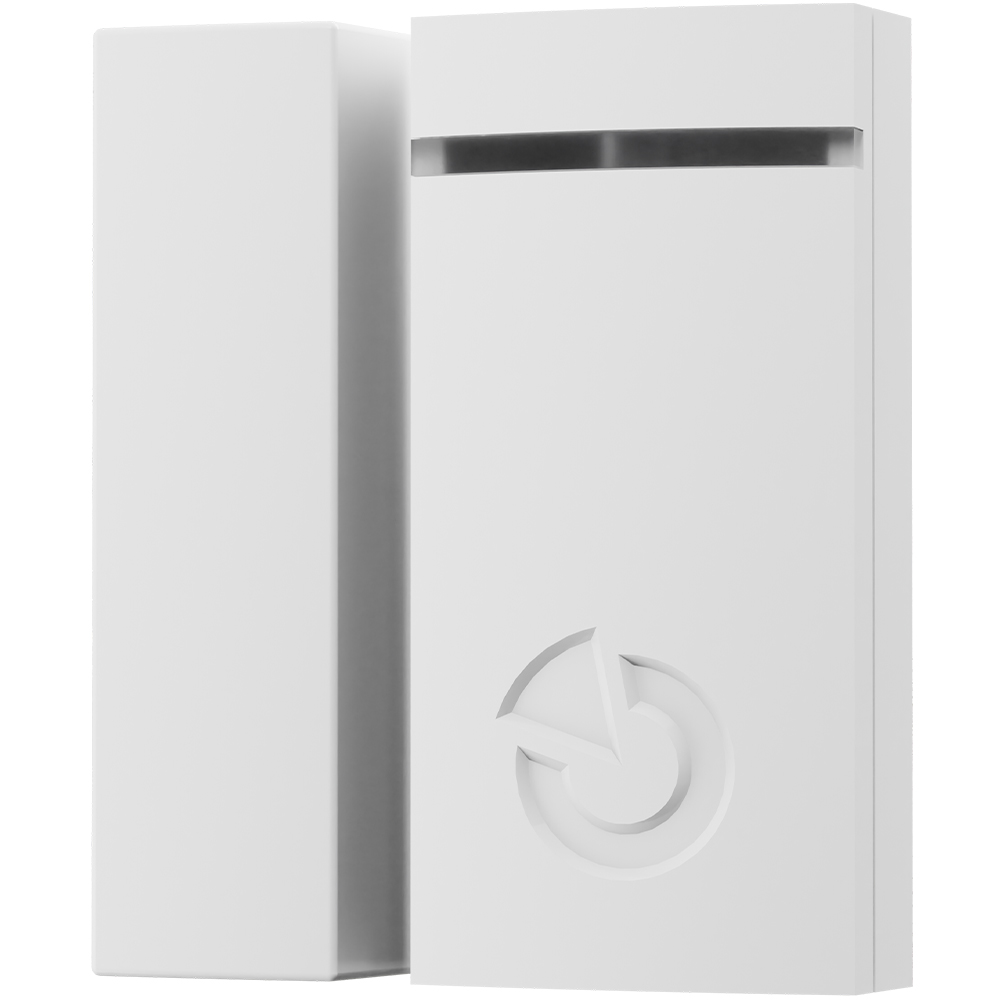 Jablotron BUS-Magnetkontakt weiß, Sensor und Magnet nebeneinander, schräge Frontansicht