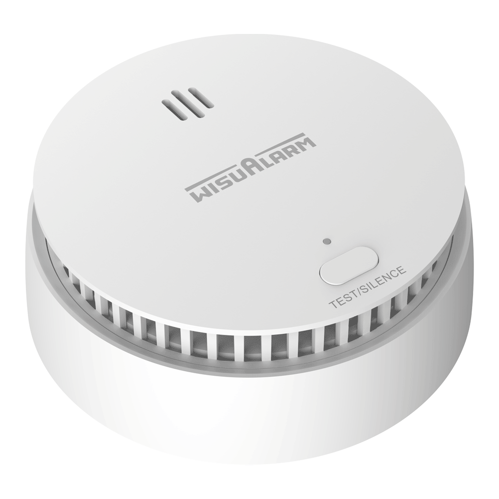 Dahua Standalone-Rauchmelder, Top-ansicht, rundes weißes Gehäuse mit WisuAlarm-Logo und Test/Silence-Taste