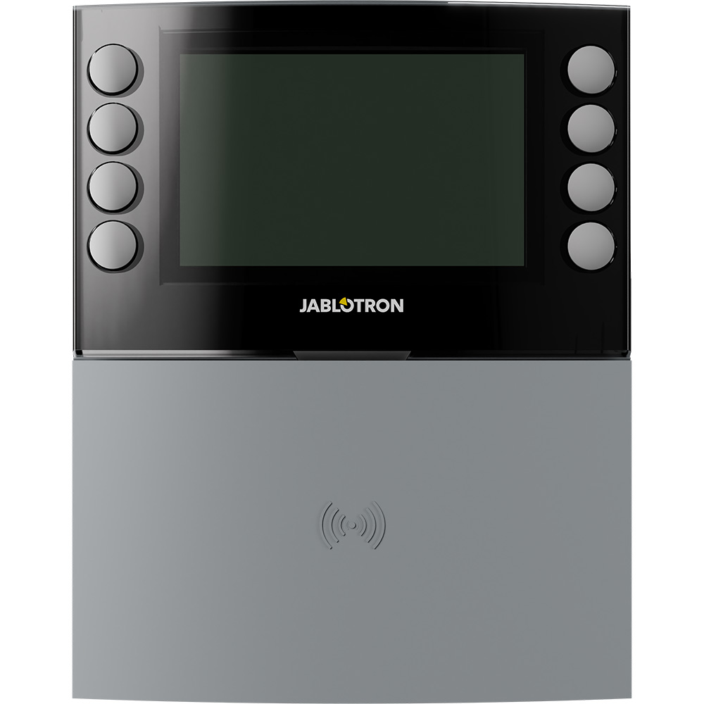 Jablotron Funk-Bedienteil, grau, mit LCD-Display, Tastatur und Funktionstasten, Frontansicht, geschlossen