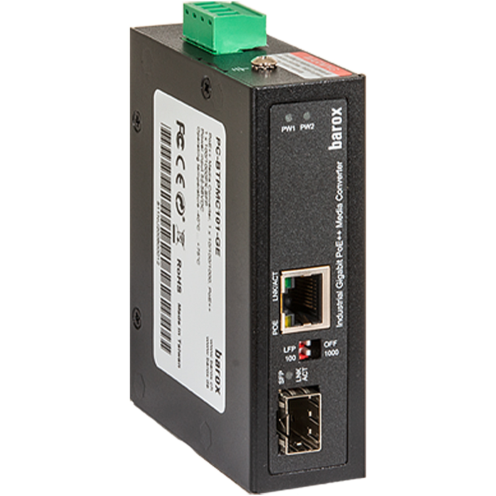 Medienkonverter in Dunkelgrau mit Ansicht des RJ-45 und SFP-Anschlusses
