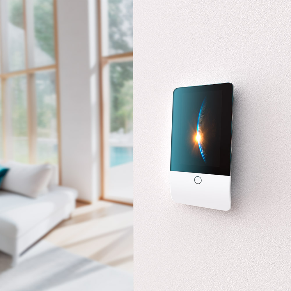 Jablotron 5" Touchbedienteil NATUS, weiß, schräge Frontansicht, montiert