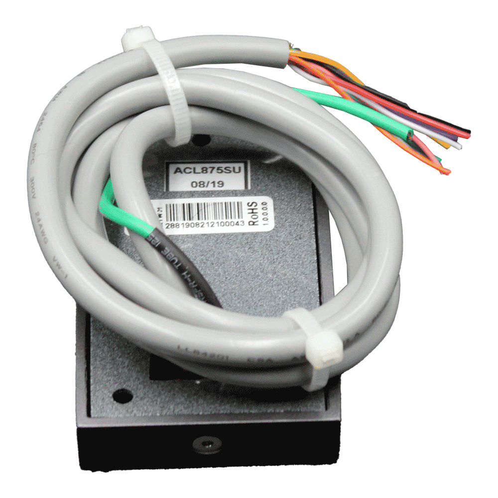 Aritech Bedienteil ACL875SU-G, Rückseite in Schwarz, Anschlusskabel aufgewickelt, Etikett sichtbar