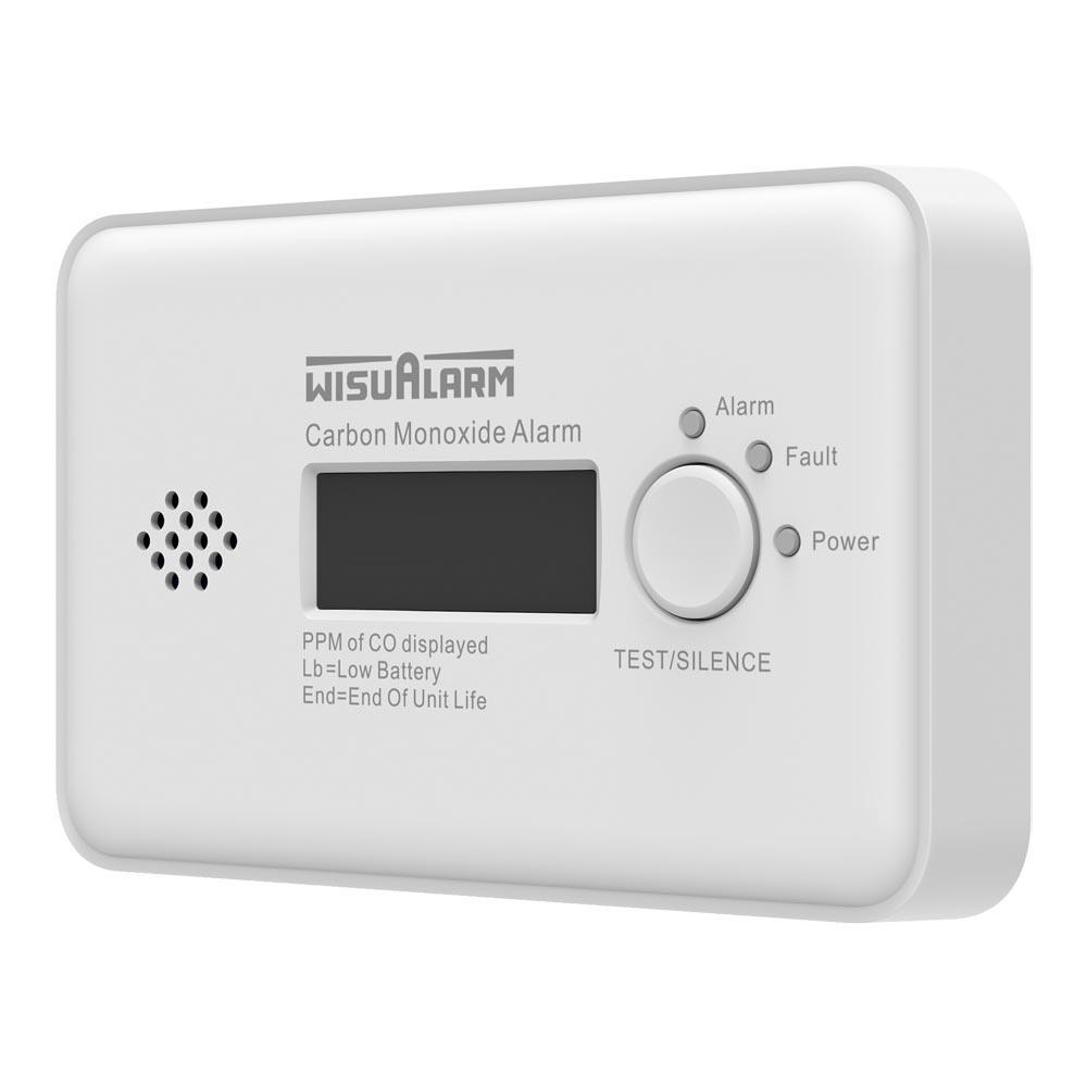 Kohlenmonoxidmelder mit Display, weiß, 10-Jahresbatterie, Frontansicht mit LCD, Test/Silence-Taste und Status-LEDs (Alarm/Fault/Power)