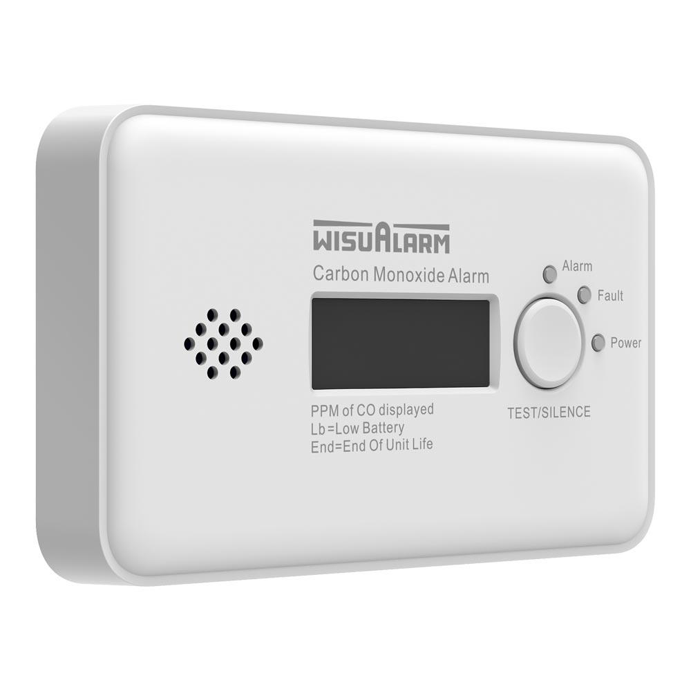 Kohlenmonoxidmelder mit Display, weiß, 10-Jahresbatterie, Frontansicht mit LCD, Test/Silence-Taste und Status-LEDs (Alarm/Fault/Power)