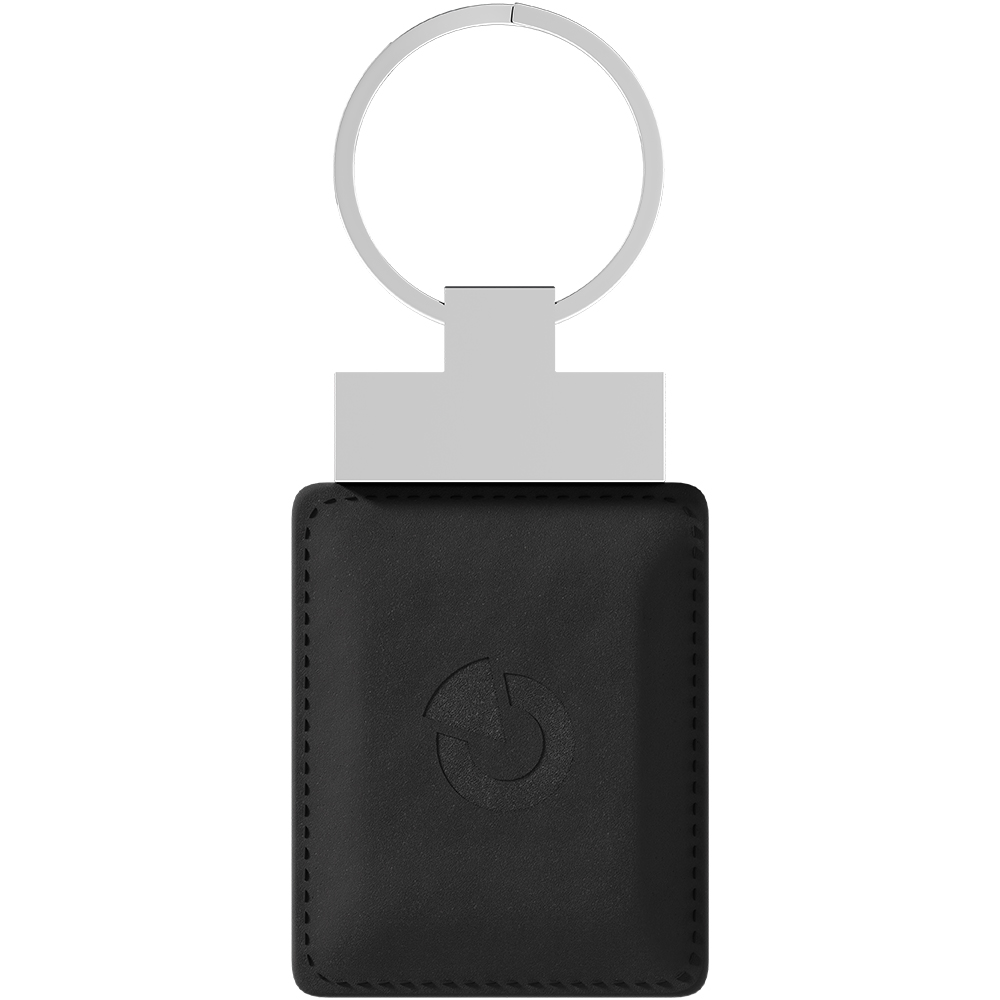 Dual-RFID-/MIFARE-Schlüsselanhänger aus Leder, schwarz, 125 kHz/13,56 MHz, LF/HF, chromfarbener Ring, Vorderseite