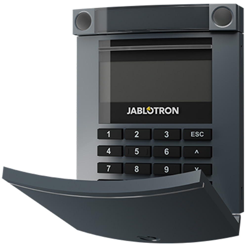 Jablotron BUS-Bedienteil, anthrazit, LCD-Display mit Tastatur und RFID-Leser, Frontansicht