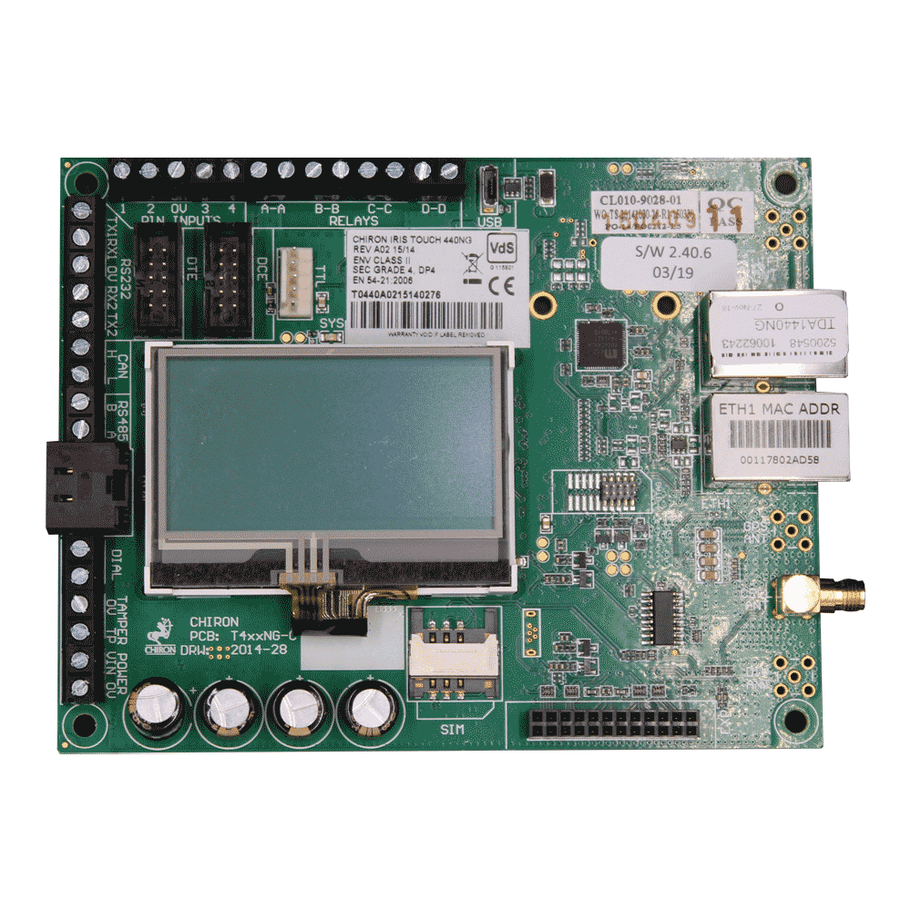 Frontansicht des IP-Moduls zur Alarmübertragung über IP/3G mit elektronischen Bauteilen