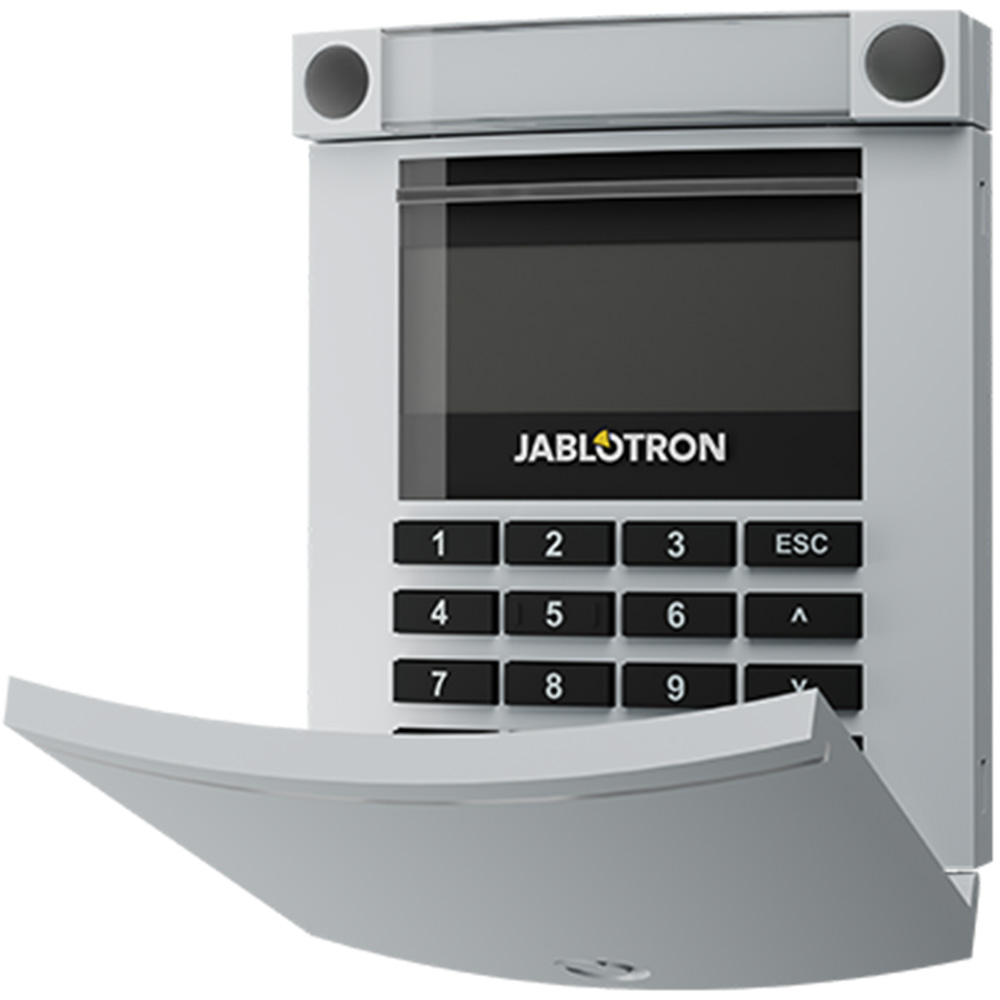 Jablotron BUS-Bedienteil, grau, LCD-Display mit Tastatur und RFID-Leser, Frontansicht