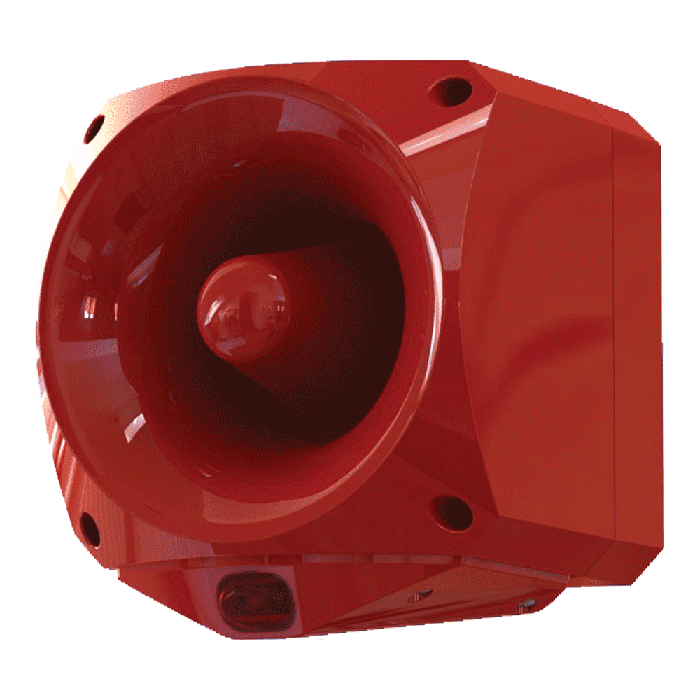 Kombisignalgeber für Wandmontage, rot/rot, akustisch-optischer Alarmgeber mit rotem Horn und roter Kalotte, schräge Ansicht