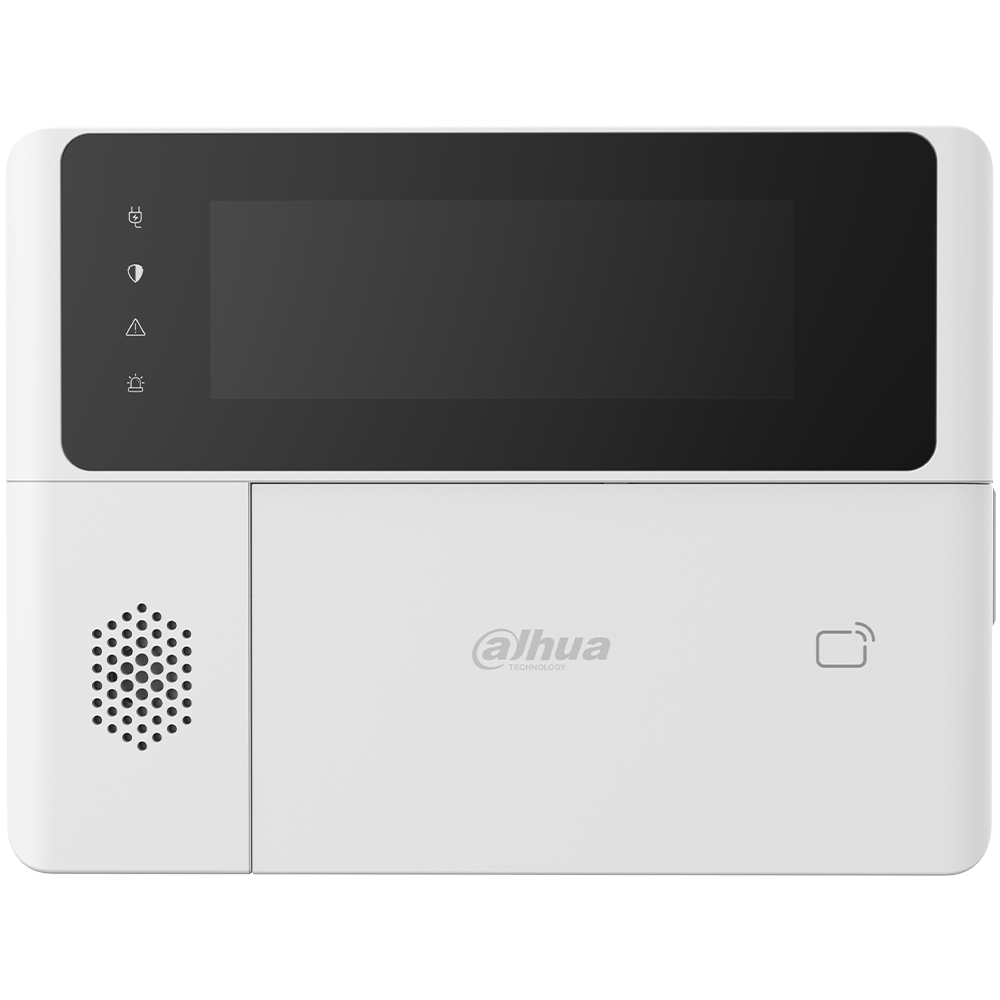 Dahua Funk-Bedienteil in Weiß mit LCD-Display, Frontansicht zur Steuerung und Statusanzeige von Alarmanlagen