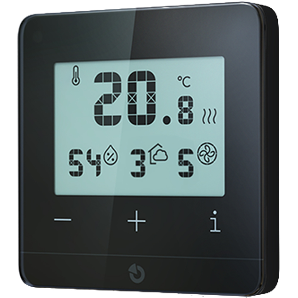 BUS-Temperatur-Sensor in anthrazit mit LED-Display inklusive digitaler Anzeige, sowie "Plus", "Minus" und Informationsbutton