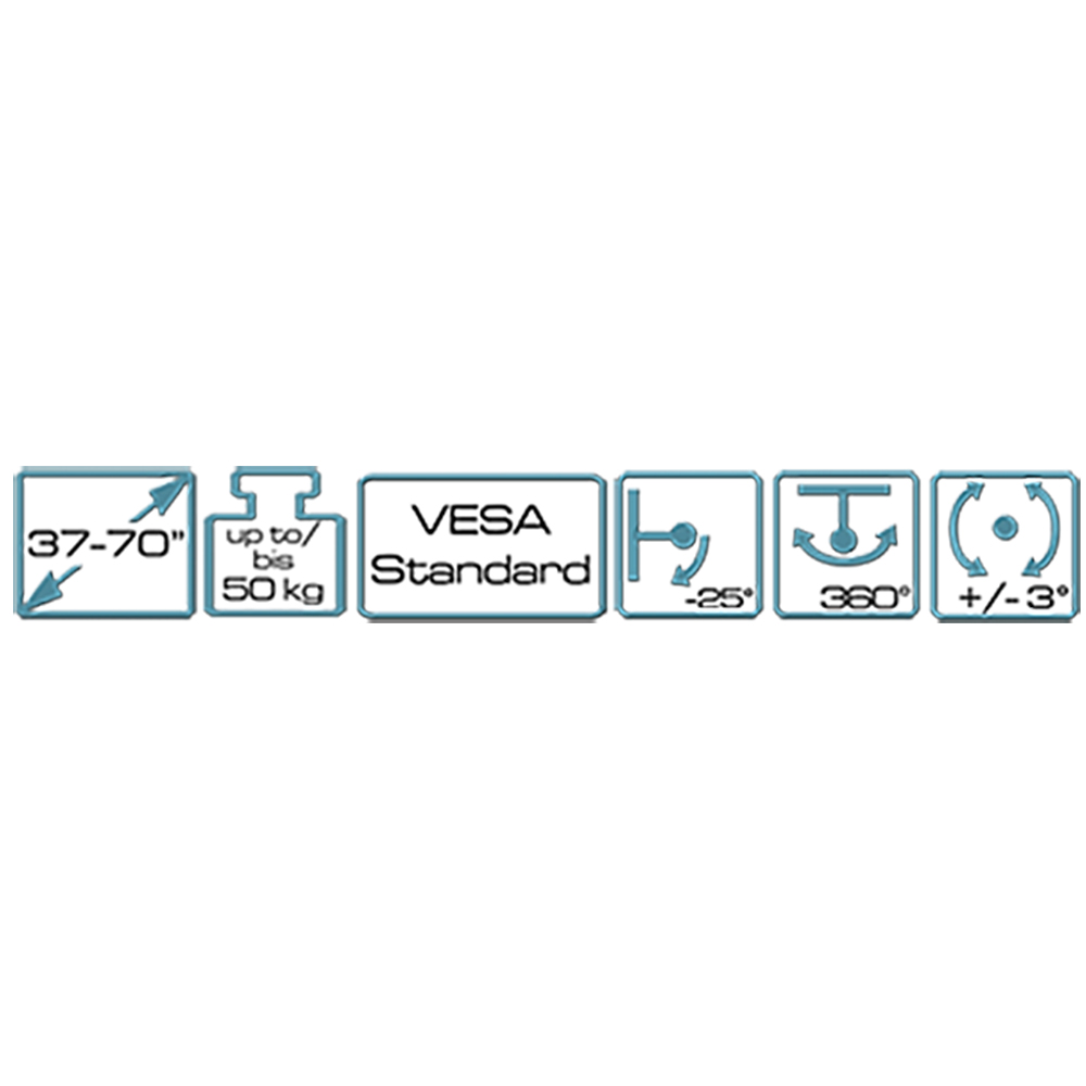 27-70inch, bis 50 kg, VESA Standard, -25° Neigung, 360° Drehung