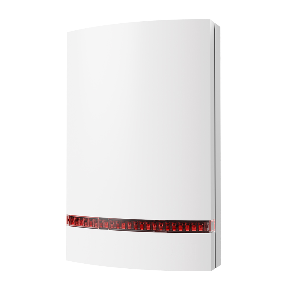 Jablotron BUS-Außensirene, weißes Gehäuse mit roter Kalotte, Frontansicht