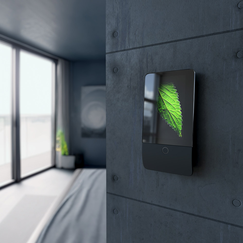 Jablotron 5" Touchbedienteil NATUS, anthrazit, schräge Frontansicht, montiert