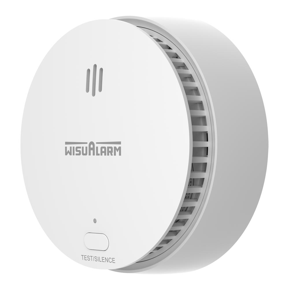 Dahua drahtloser, vernetzbarer Rauchmelder, diagonal links, weißes rundes Gehäuse, 10-Jahres-Batterie, Test/Silence-Taste
