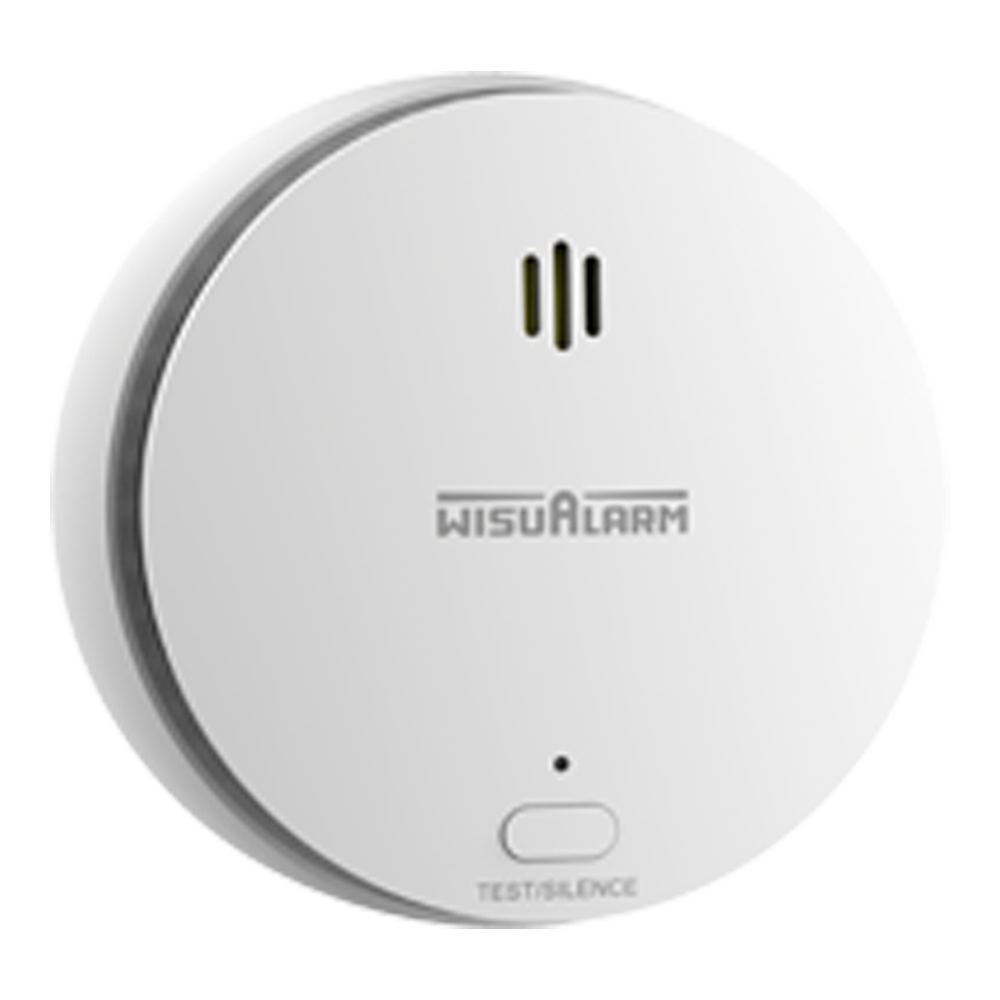Dahua Funk-Rauchmelder, diagonal rechts, rundes weißes Gehäuse mit WisuAlarm-Logo, Test/Silence-Taste.