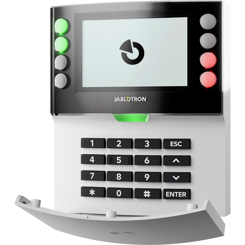 Jablotron BUS-Bedienteil mit Bildschirm, Tastatur und Funktionstasten, weiß, geöffnet