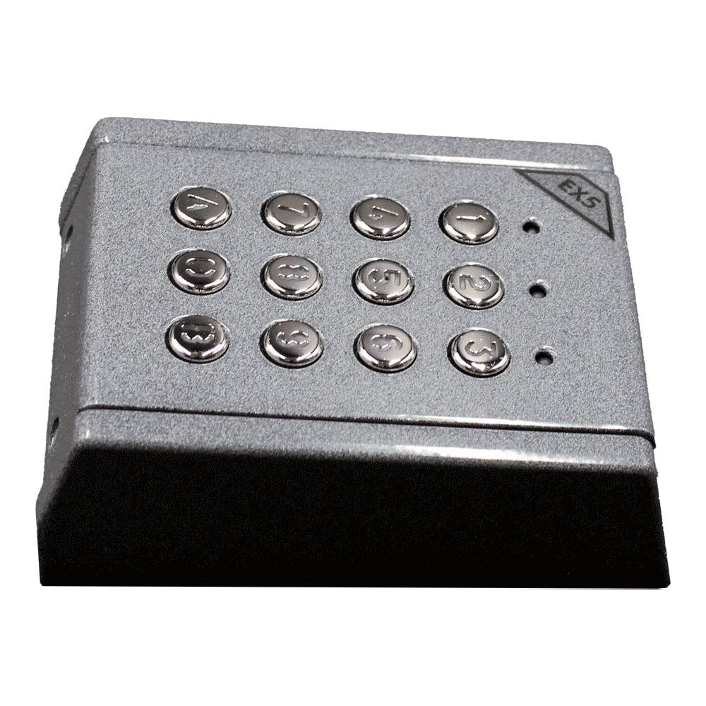 rauer Aritech BUS-Codeschalter EX5M-52G mit silbernen Metalltasten, schräge Seitenansicht