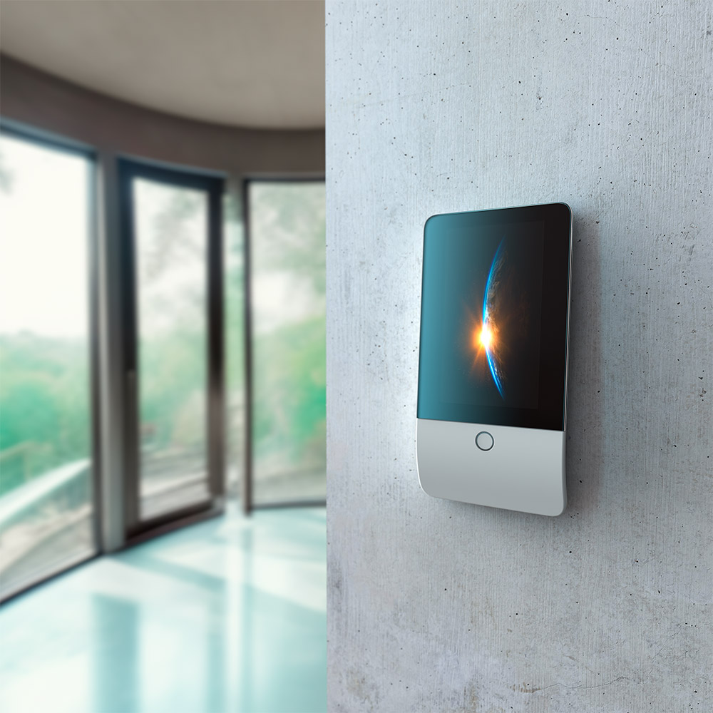 Jablotron 5" Touchbedienteil NATUS, grau, schräge Frontansicht, montiert