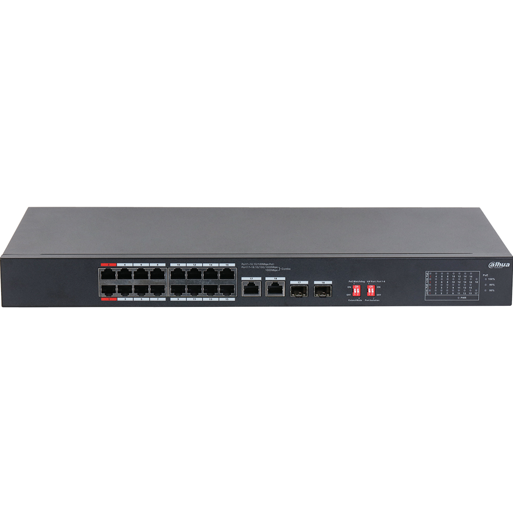 Dahua PoE-Switch, 18 Ports, 16 Ports PoE, 250m, unmanaged, Desktop, Rack-2