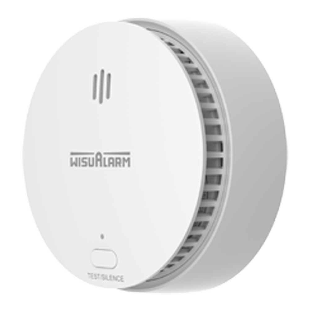 Dahua Funk-Rauchmelder, Diagonal links, rundes weißes Gehäuse mit WisuAlarm-Logo, Test/Silence-Taste.
