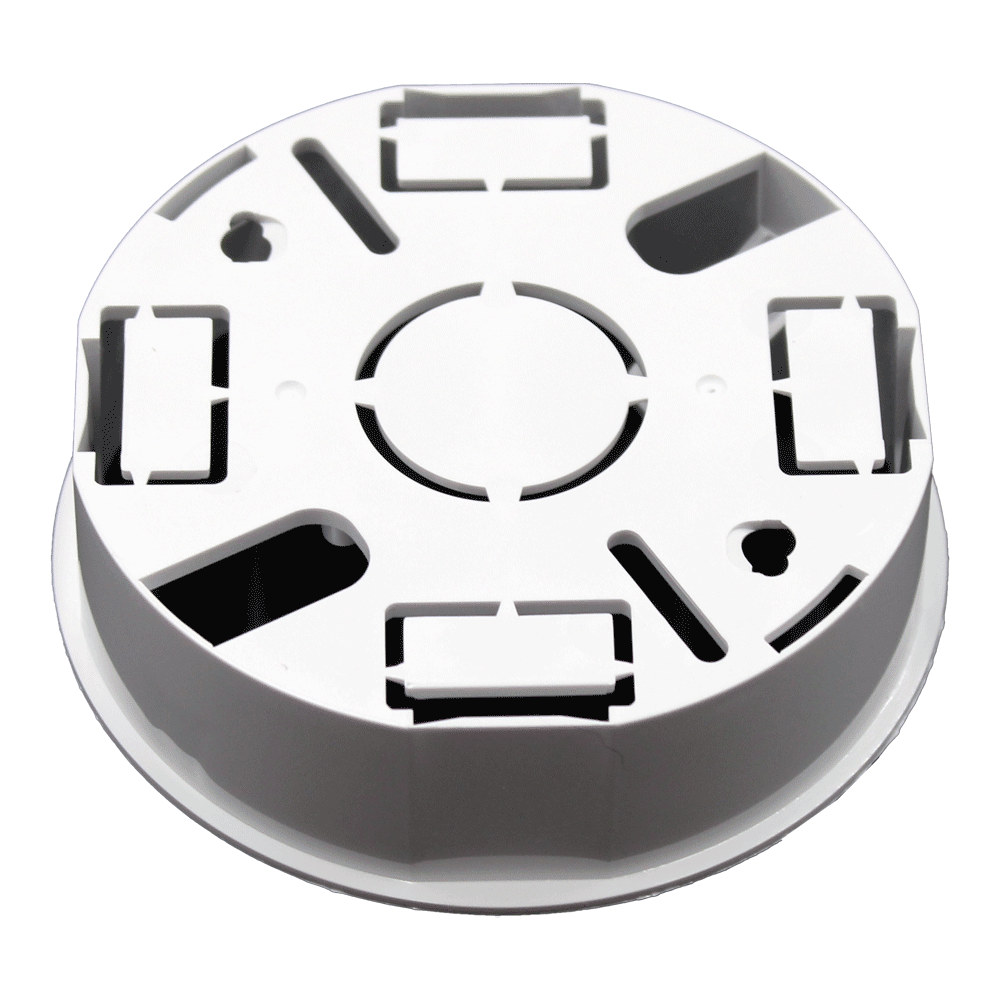 Schrägansicht des weißen Aritech Aufbau-Rahmens DB806 mit sichtbaren Montagelöchern