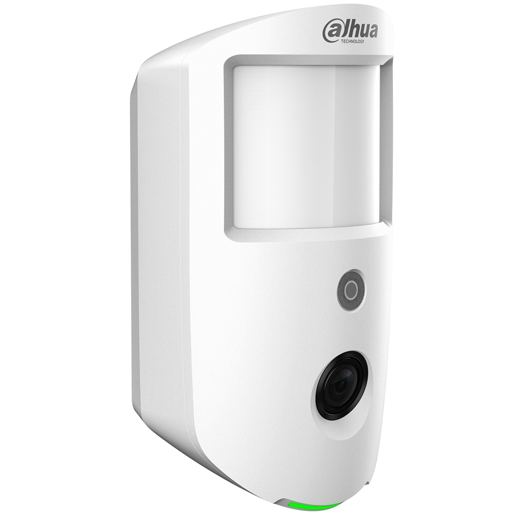 Dahua Funk PIR-Bewegungsmelder mit Kamera, 12 m/86°, haustierimmun, weiß, schräge Ansicht von links zur Innenraumüberwachung