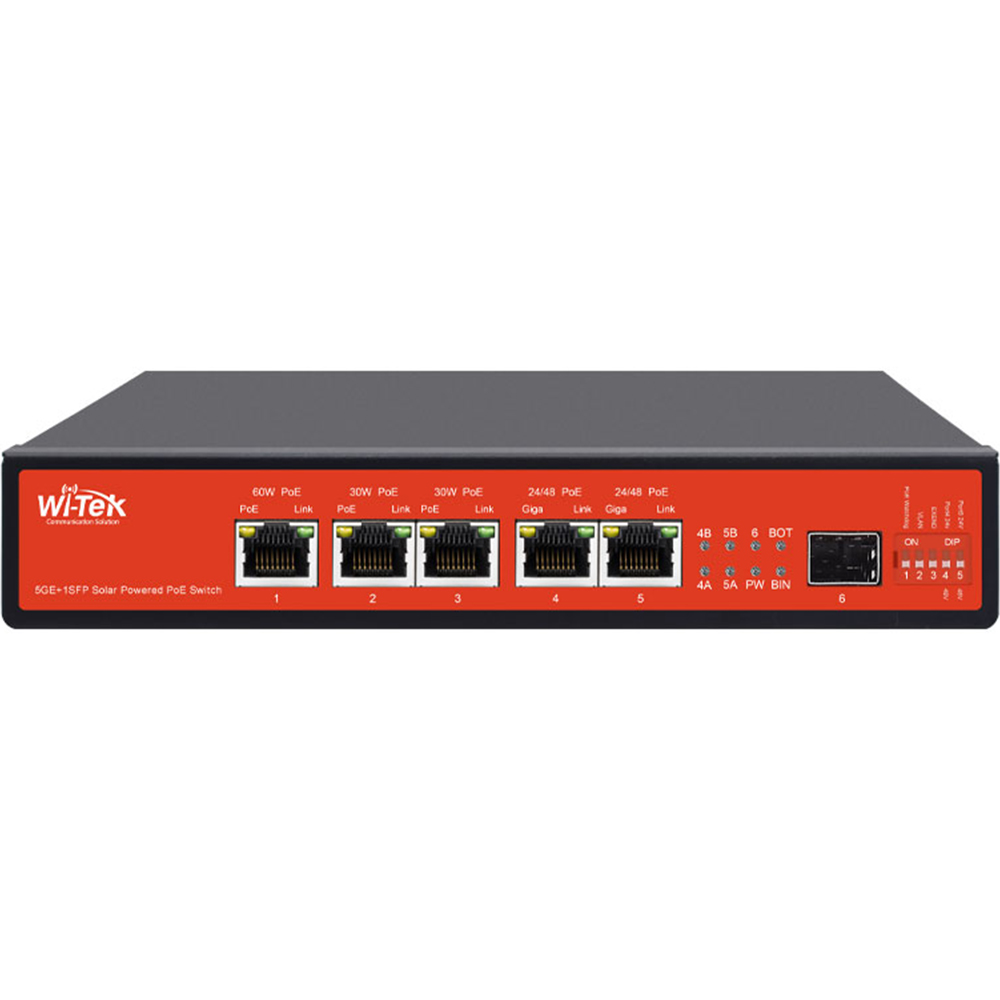 Witek Solar PoE-Switch, 6 Ports, 5 Ports PoE, 1 Port SFP, 250 m, cloud managed, Desktop, Wand-2