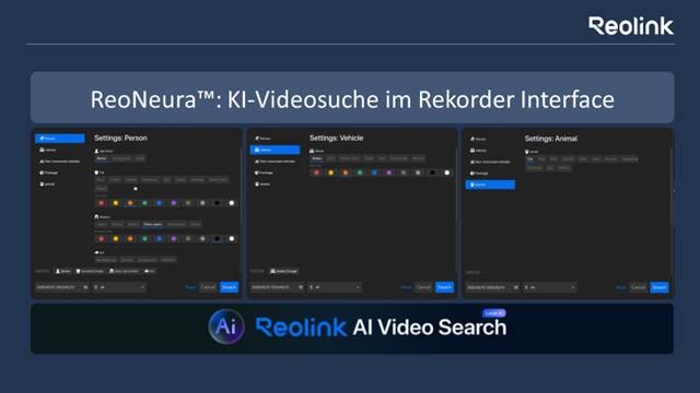 KI-Videosuche, Rekorder-Interface, Video-Suche, AI-Video, Settings-Menü