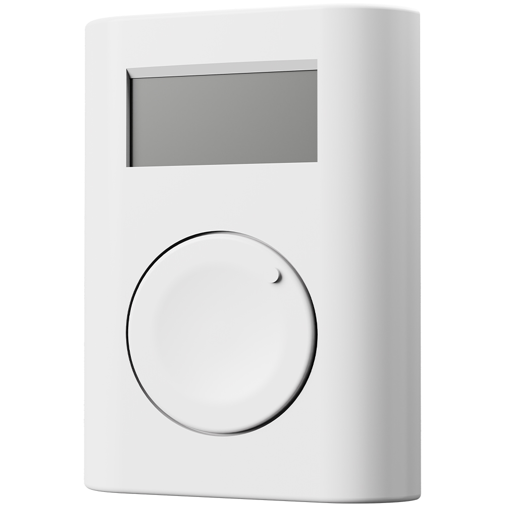 Jablotron Funk-Thermostat für Innenbereiche, weißes Gehäuse mit Display und Drehregler, Frontansicht