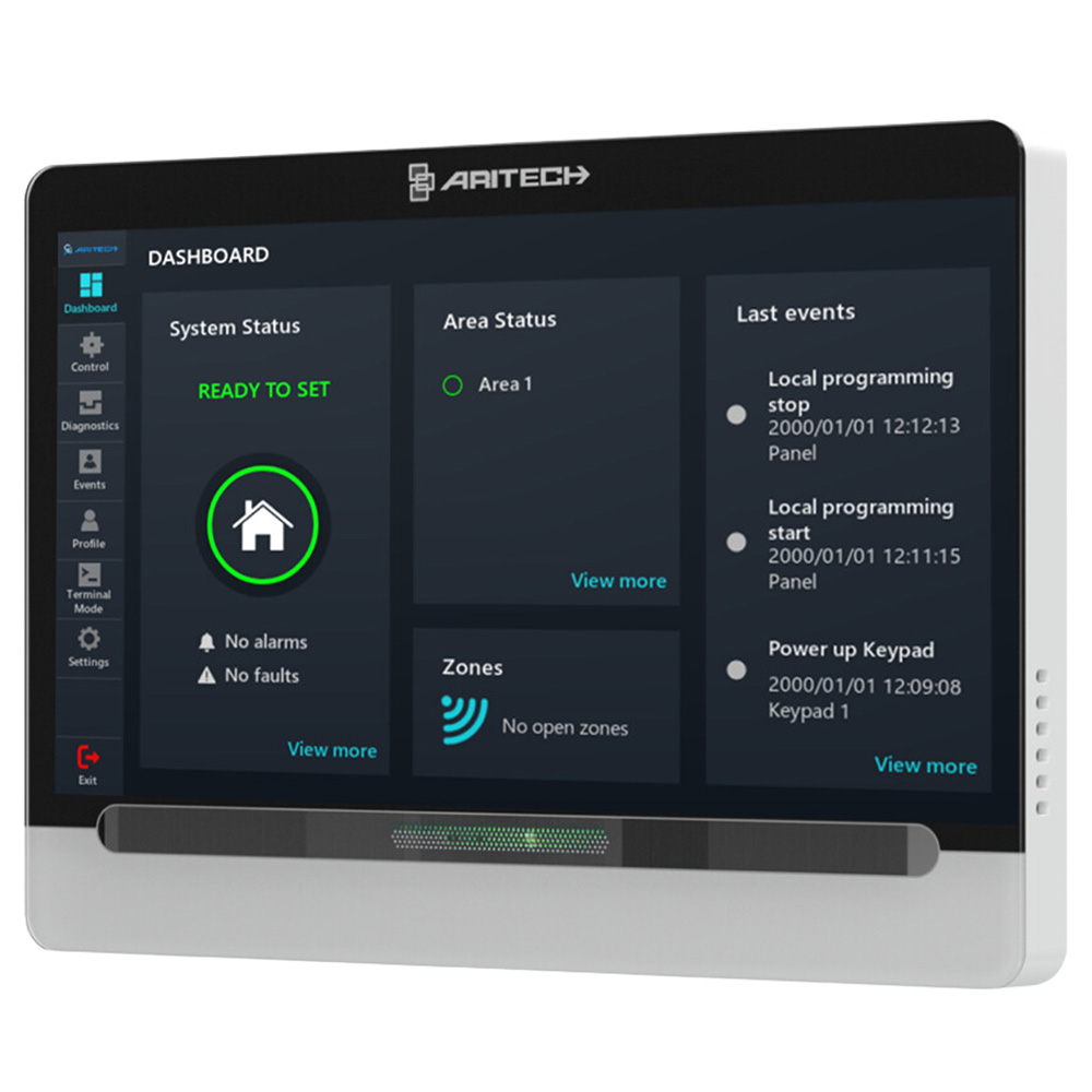 Aritech Touchscreen-Bedienteil ATS1140, 7" Display, Dashboard-Ansicht mit Systemstatus, Frontansicht