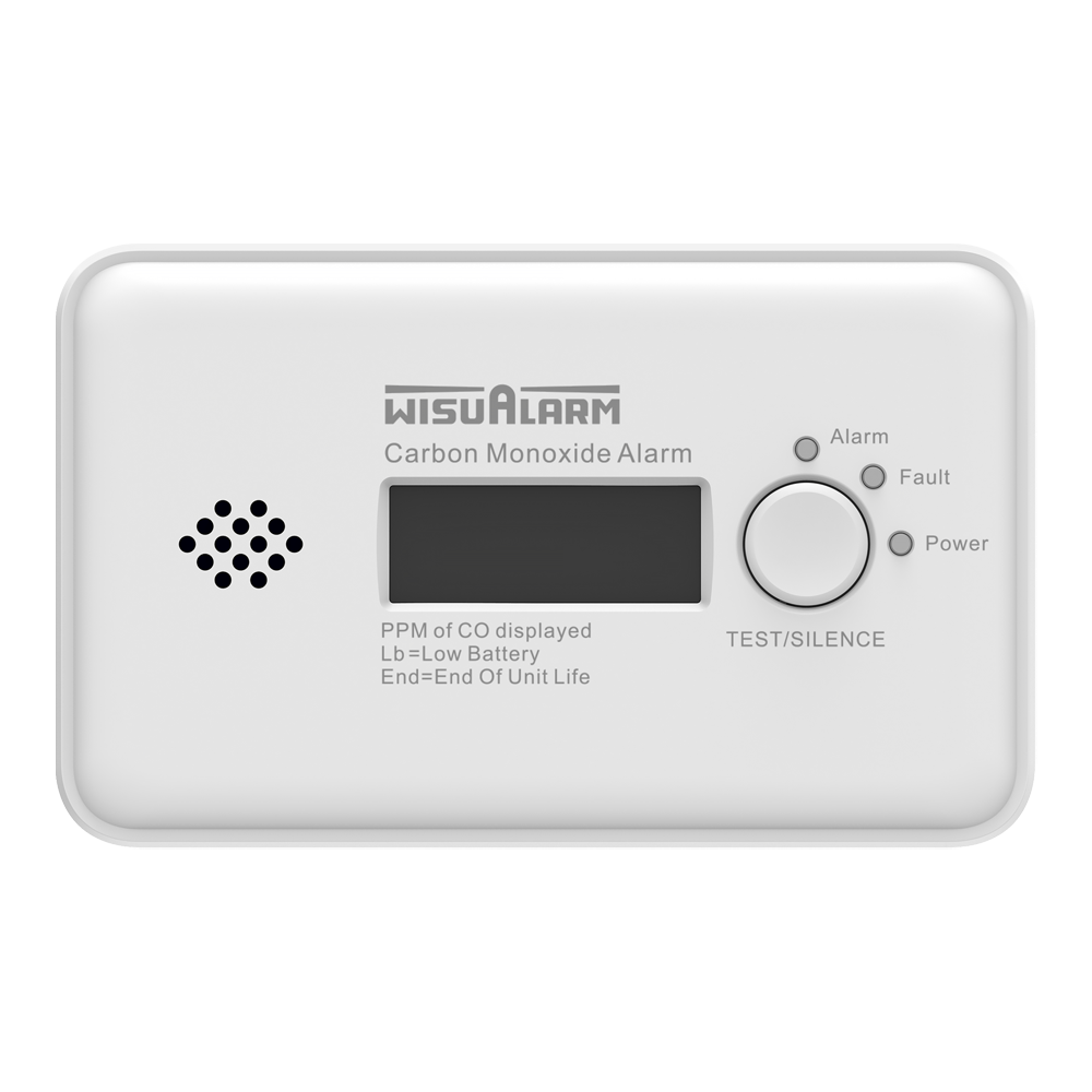 Kohlenmonoxidmelder mit Display, weiß, 10-Jahresbatterie, Frontansicht mit LCD, Test/Silence-Taste und Status-LEDs (Alarm/Fault/Power)