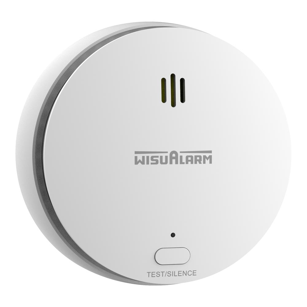 Dahua drahtloser, vernetzbarer Rauchmelder, Frontansicht, weißes rundes Gehäuse, 10-Jahres-Batterie, Test/Silence-Taste