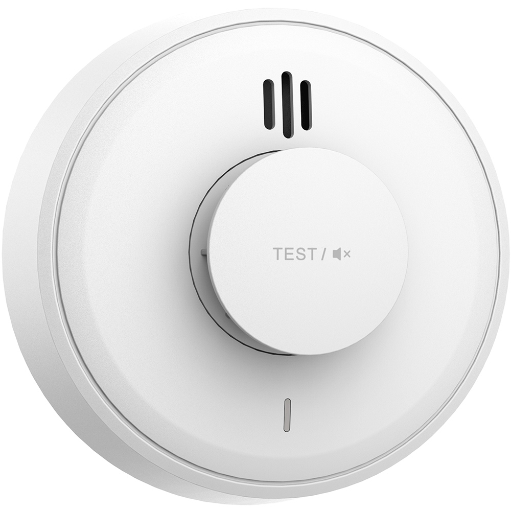 Standalone Hitzemelder, weiß, für Deckenmontage, 85 dB Alarmsignal, zentrale Test-/Stummschalt-Taste, WisuAlarm, front