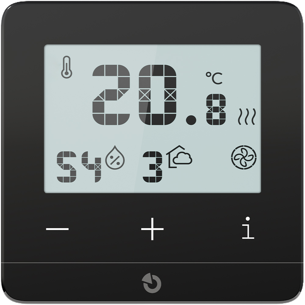Jablotron Temperaturmelder mit LCD Display in schwarz, Frontansicht mit Jablotron Logo