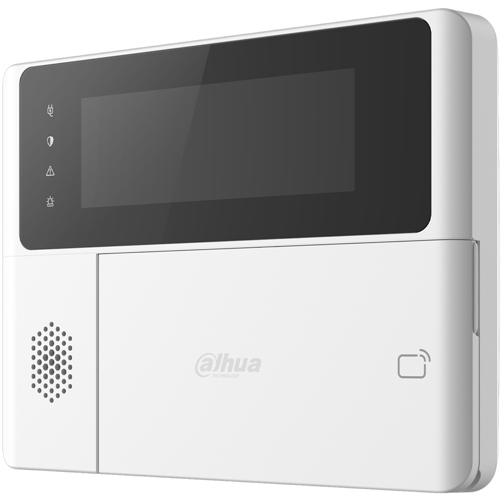 Dahua Funk-Bedienteil in Weiß mit LCD-Display, Frontansicht zur Steuerung und Statusanzeige von Alarmanlagen