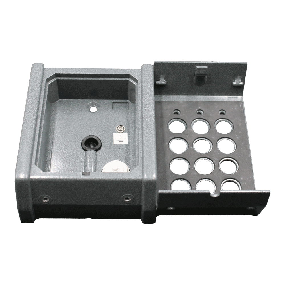 Aufputzmontagegehäuse aus Kunststoff, grau, wasserdicht, Geöffnet mit Kabeldurchführung und Befestigungspunkten